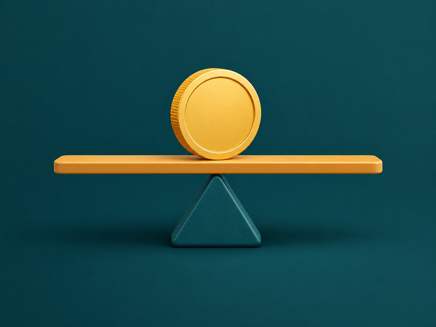 Coin resting perfectly level on a balance beam with a flat price line